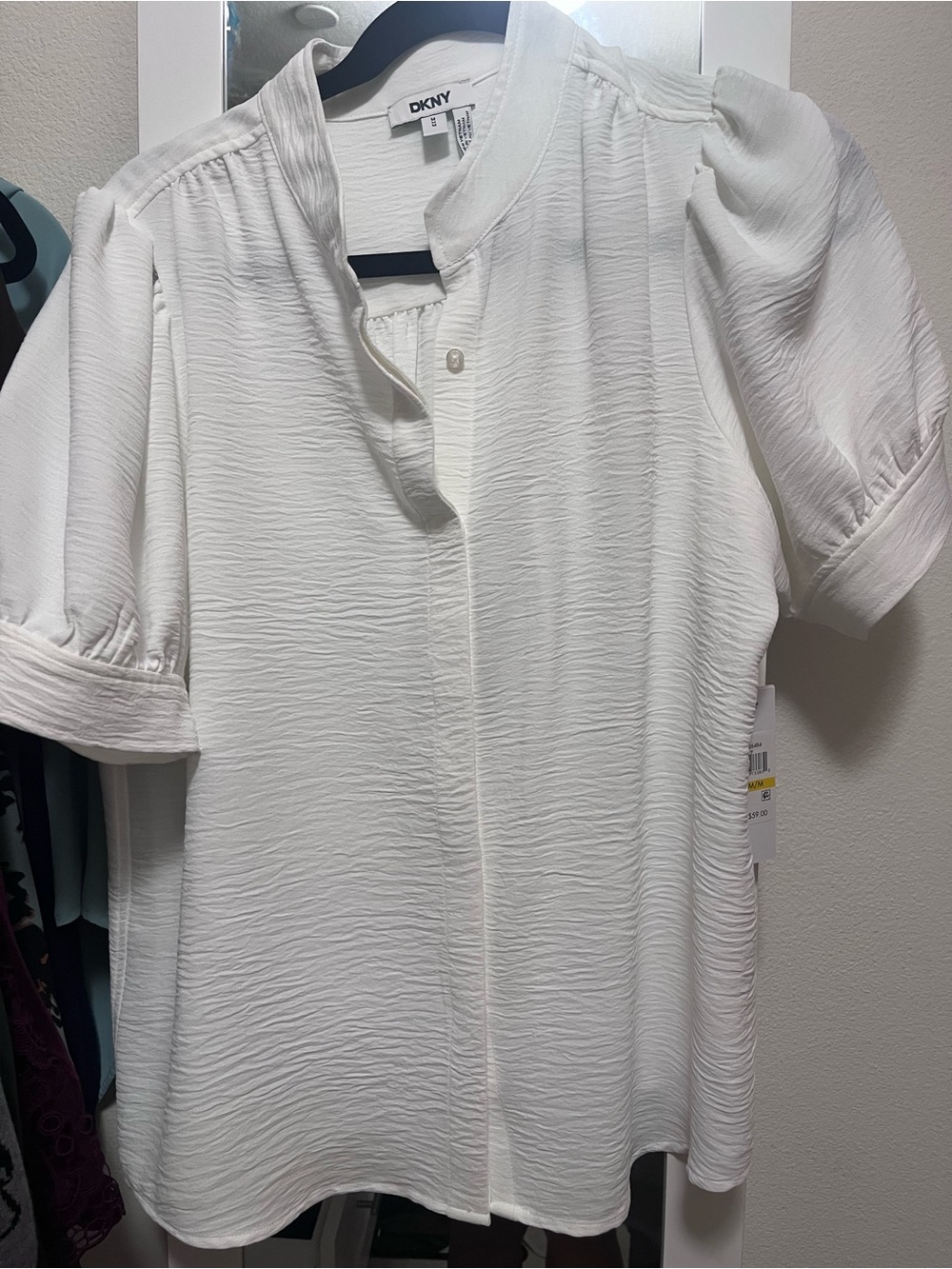 Dkny White Textured Mandarin-Collar Short-Sleeve Blouse medium M - Picture 4 of 5
